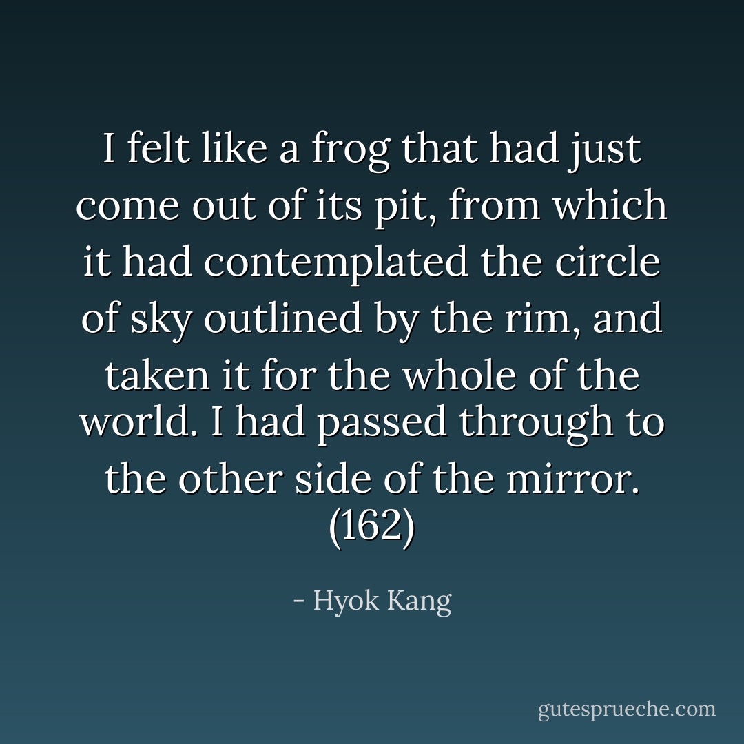 I felt like a frog that had just come out of its pit, from which it had contemplated the circle of sky outlined by the rim, and taken it for the whole of the world. I had passed through to the other side of the mirror. (162) - Hyok Kang