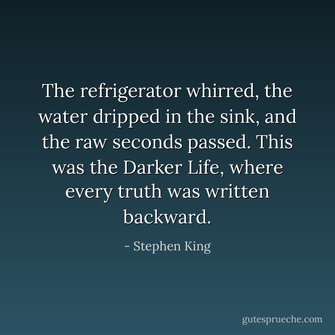 The refrigerator whirred, the water dripped in the sink, and the raw seconds passed. This was the Darker Life, where every truth was written backward. - Stephen King
