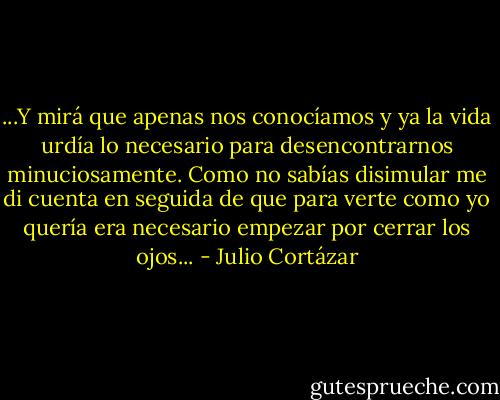 ...Y mirá que apenas nos conocíamos y ya la vida urdía lo necesario para desencontrarnos minuciosamente. Como no sabías disimular me di cuenta en seguida de que para verte como yo quería era necesario empezar por cerrar los ojos... - Julio Cortázar