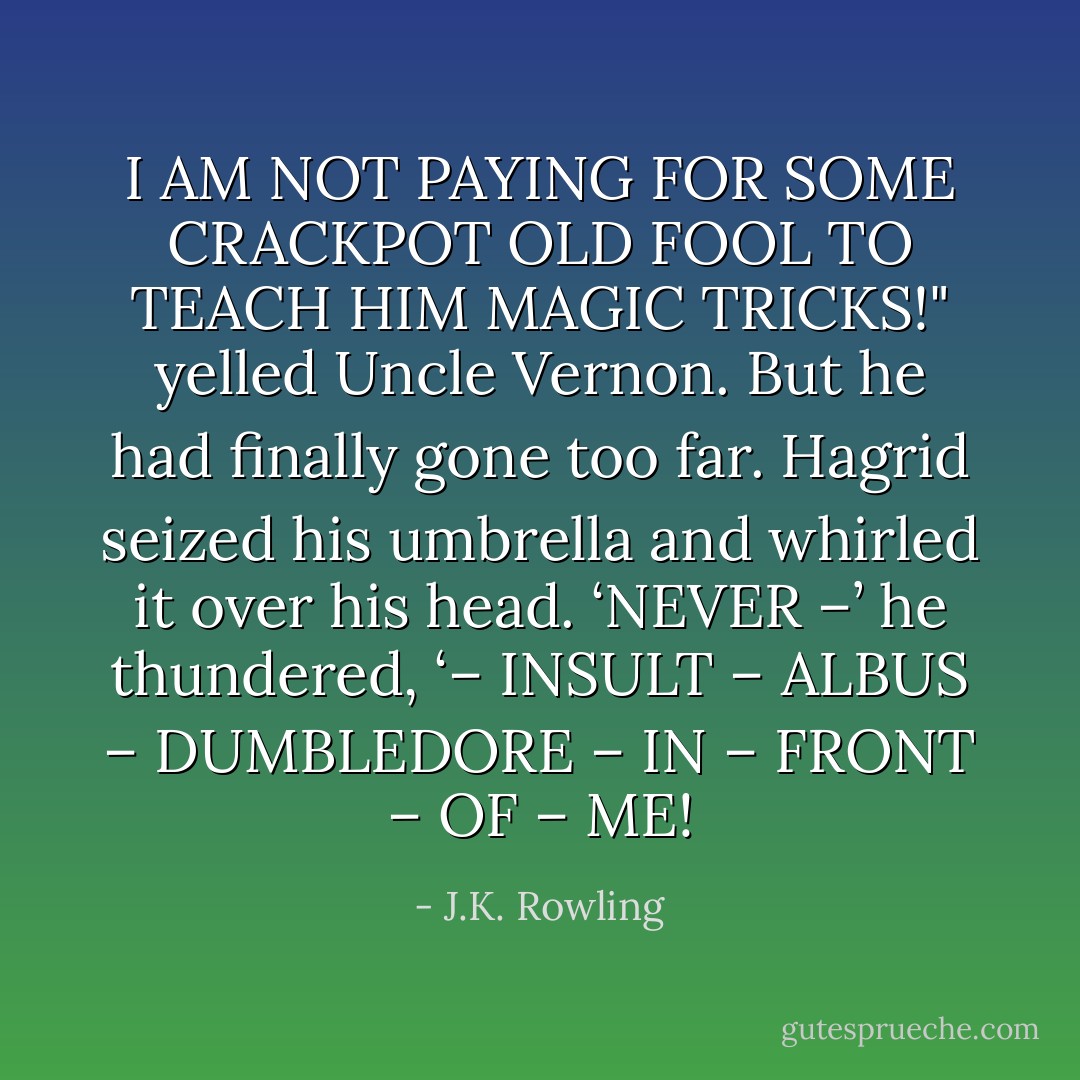 I AM NOT PAYING FOR SOME CRACKPOT OLD FOOL TO TEACH HIM MAGIC TRICKS!" yelled Uncle Vernon. But he had finally gone too far. Hagrid seized his umbrella and whirled it over his head. ‘NEVER –’ he thundered, ‘– INSULT – ALBUS – DUMBLEDORE – IN – FRONT – OF – ME! - J.K. Rowling