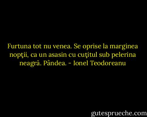 Furtuna tot nu venea. Se oprise la marginea nopţii, ca un asasin cu cuţitul sub pelerina neagră. Pândea. - Ionel Teodoreanu