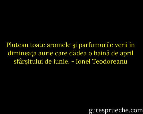 Pluteau toate aromele şi parfumurile verii în dimineaţa aurie care dădea o haină de april sfârşitului de iunie. - Ionel Teodoreanu