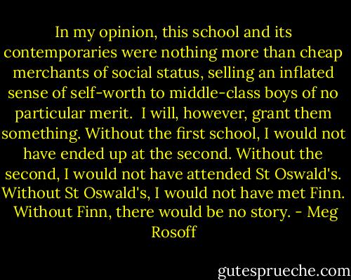 In my opinion, this school and its contemporaries were nothing more than cheap merchants of social status, selling an inflated sense of self-worth to middle-class boys of no particular merit.<br /><br />I will, however, grant them something. Without the first school, I would not have ended up at the second. Without the second, I would not have attended St Oswald's. Without St Oswald's, I would not have met Finn.<br /><br />Without Finn, there would be no story. - Meg Rosoff