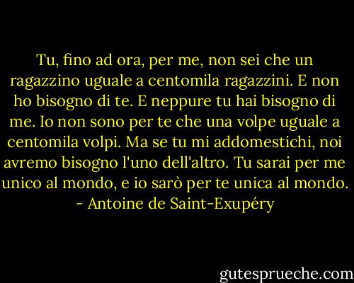 Tu, fino ad ora, per me, non sei che un ragazzino uguale a centomila ragazzini. E non ho bisogno di te. E neppure tu hai bisogno di me. Io non sono per te che una volpe uguale a centomila volpi. Ma se tu mi addomestichi, noi avremo bisogno l'uno dell'altro. Tu sarai per me unico al mondo, e io sarò per te unica al mondo. - Antoine de Saint-Exupéry