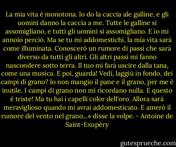 La mia vita è monotona. Io do la caccia ale galline, e gli uomini danno la caccia a me. Tutte le galline si assomigliano, e tutti gli uomini si assomigliano. E io mi annoio perciò. Ma se tu mi addomestichi, la mia vita sarà come illuminata. Conoscerò un rumore di passi che sarà diverso da tutti gli altri. Gli altri passi mi fanno nascondere sotto terra. Il tuo mi farà uscire dalla tana, come una musica. E poi, guarda! Vedi, laggiù in fondo, dei campi di grano? Io non mangio il pane e il grano, per me è inutile. I campi di grano non mi ricordano nulla. E questo è triste! Ma tu hai i capelli color dell'oro. Allora sarà meraviglioso quando mi avrai addomesticato. E amerò il rumore del vento nel grano...» disse la volpe. - Antoine de Saint-Exupéry