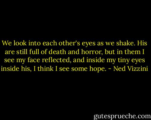 We look into each other's eyes as we shake. His are still full of death and horror, but in them I see my face reflected, and inside my tiny eyes inside his, I think I see some hope. - Ned Vizzini