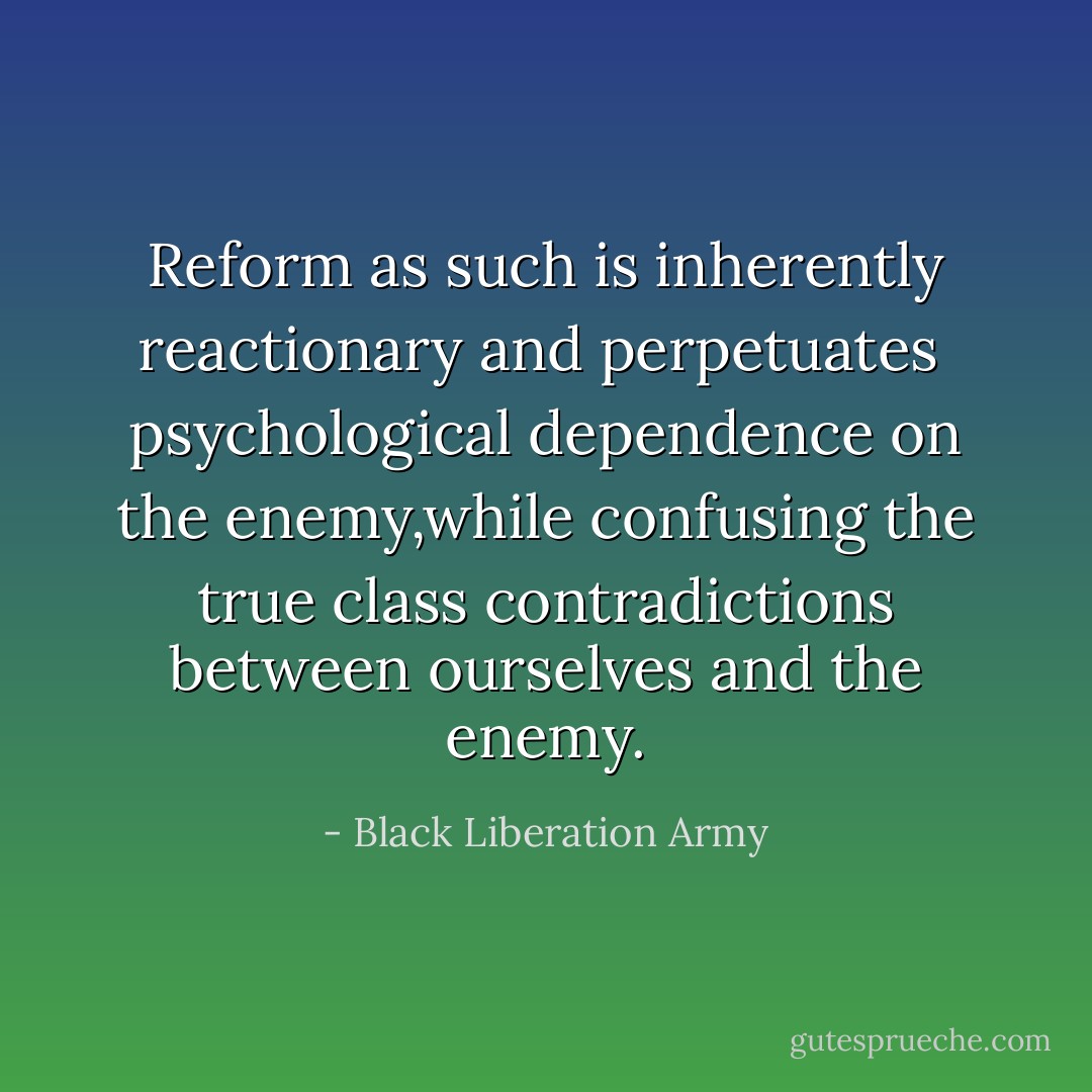 Reform as such is inherently reactionary and perpetuates <br />psychological dependence on<br />the enemy,while confusing<br />the true class contradictions<br />between ourselves and the enemy. - Black Liberation Army