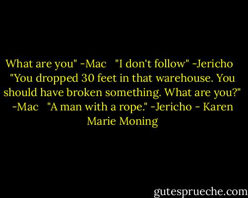 What are you" -Mac <br /><br />"I don't follow" -Jericho <br /><br />"You dropped 30 feet in that warehouse. You should have broken something. What are you?" -Mac <br /><br />"A man with a rope." -Jericho - Karen Marie Moning