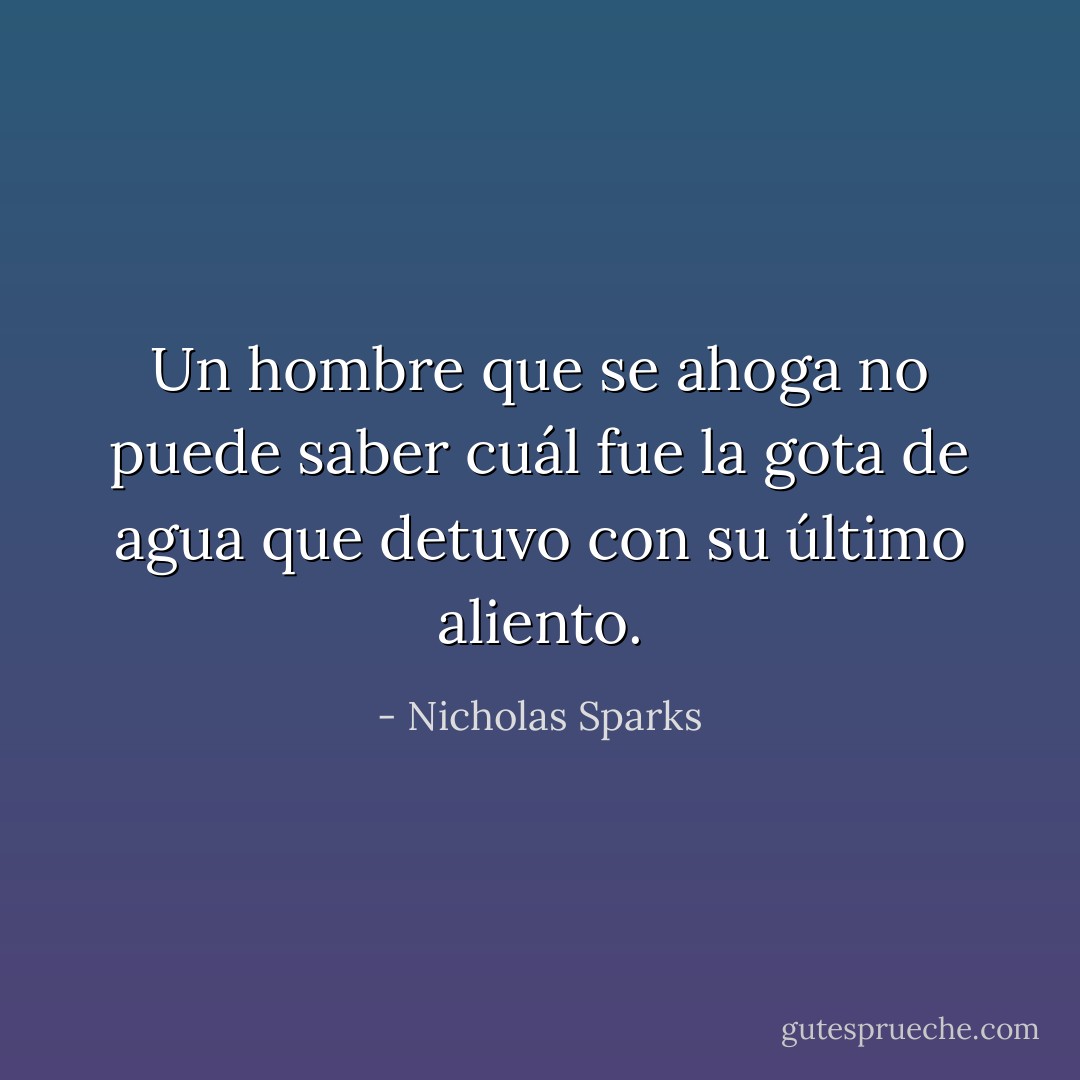 Un hombre que se ahoga no puede saber cuál fue la gota de agua que detuvo con su último aliento. - Nicholas Sparks