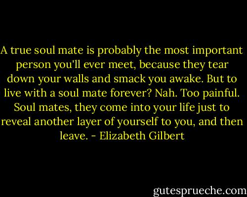 A true soul mate is probably the most important person you'll ever meet, because they tear down your walls and smack you awake. But to live with a soul mate forever? Nah. Too painful. Soul mates, they come into your life just to reveal another layer of yourself to you, and then leave. - Elizabeth Gilbert