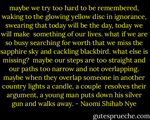 maybe we try too hard to be remembered, waking to the glowing yellow disc in ignorance, swearing that today will be the day, today we will make<br /><br />something of our lives. what if we are so busy searching for worth that we miss the sapphire sky and cackling blackbird. what else is missing?<br /><br />maybe our steps are too straight and our paths too narrow and not overlapping. maybe when they overlap someone in another country lights a candle, a couple<br /><br />resolves their argument, a young man puts down his silver gun and walks away. - Naomi Shihab Nye