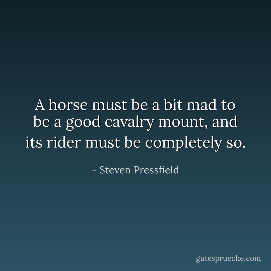 A horse must be a bit mad to be a good cavalry mount, and its rider must be completely so. - Steven Pressfield