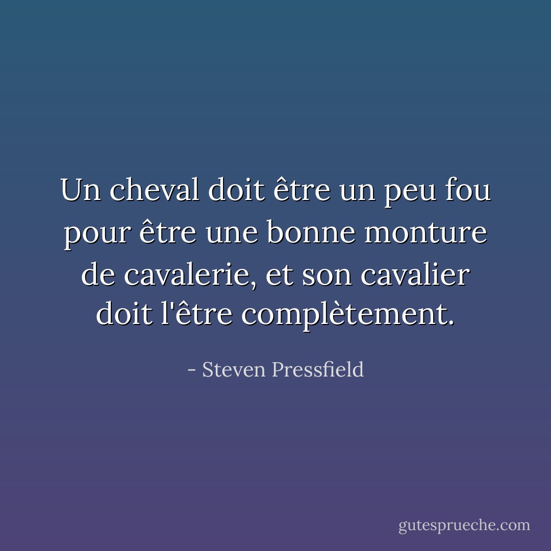 Un cheval doit être un peu fou pour être une bonne monture de cavalerie, et son cavalier doit l'être complètement. - Steven Pressfield