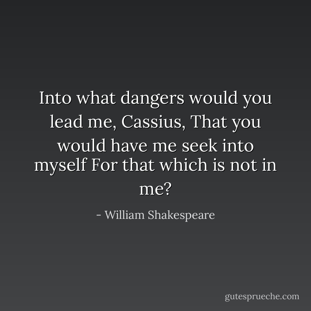 Into what dangers would you lead me, Cassius,<br />That you would have me seek into myself<br />For that which is not in me? - William Shakespeare