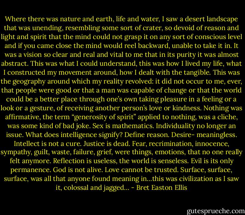 Where there was nature and earth, life and water, I saw a desert landscape that was unending, resembling some sort of crater, so devoid of reason and light and spirit that the mind could not grasp it on any sort of conscious level and if you came close the mind would reel backward, unable to take it in. It was a vision so clear and real and vital to me that in its purity it was almost abstract. This was what I could understand, this was how I lived my life, what I constructed my movement around, how I dealt with the tangible. This was the geography around which my reality revolved: it did not occur to me, ever, that people were good or that a man was capable of change or that the world could be a better place through one’s own taking pleasure in a feeling or a look or a gesture, of receiving another person’s love or kindness. Nothing was affirmative, the term “generosity of spirit” applied to nothing, was a cliche, was some kind of bad joke. Sex is mathematics. Individuality no longer an issue. What does intelligence signify? Define reason. Desire- meaningless. Intellect is not a cure. Justice is dead. Fear, recrimination, innocence, sympathy, guilt, waste, failure, grief, were things, emotions, that no one really felt anymore. Reflection is useless, the world is senseless. Evil is its only permanence. God is not alive. Love cannot be trusted. Surface, surface, surface, was all that anyone found meaning in…this was civilization as I saw it, colossal and jagged… - Bret Easton Ellis