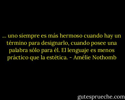 ... uno siempre es más hermoso cuando hay un término para designarlo, cuando posee una palabra sólo para él. El lenguaje es menos práctico que la estética. - Amélie Nothomb