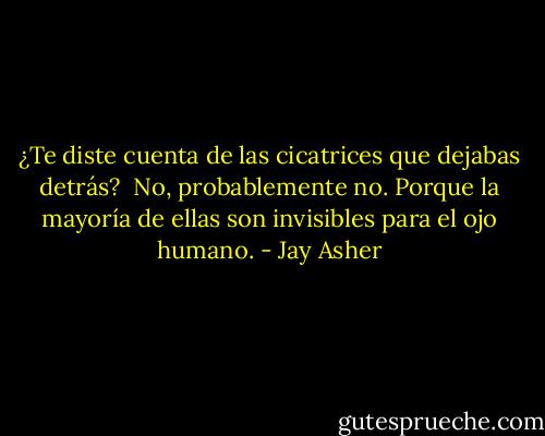 ¿Te diste cuenta de las cicatrices que dejabas detrás? <br />No, probablemente no.<br />Porque la mayoría de ellas son invisibles para el ojo humano. - Jay Asher