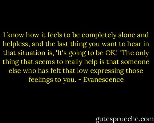 I know how it feels to be completely alone and helpless, and the last thing you want to hear in that situation is, 'It's going to be OK.' "The only thing that seems to really help is that someone else who has felt that low expressing those feelings to you. - Evanescence
