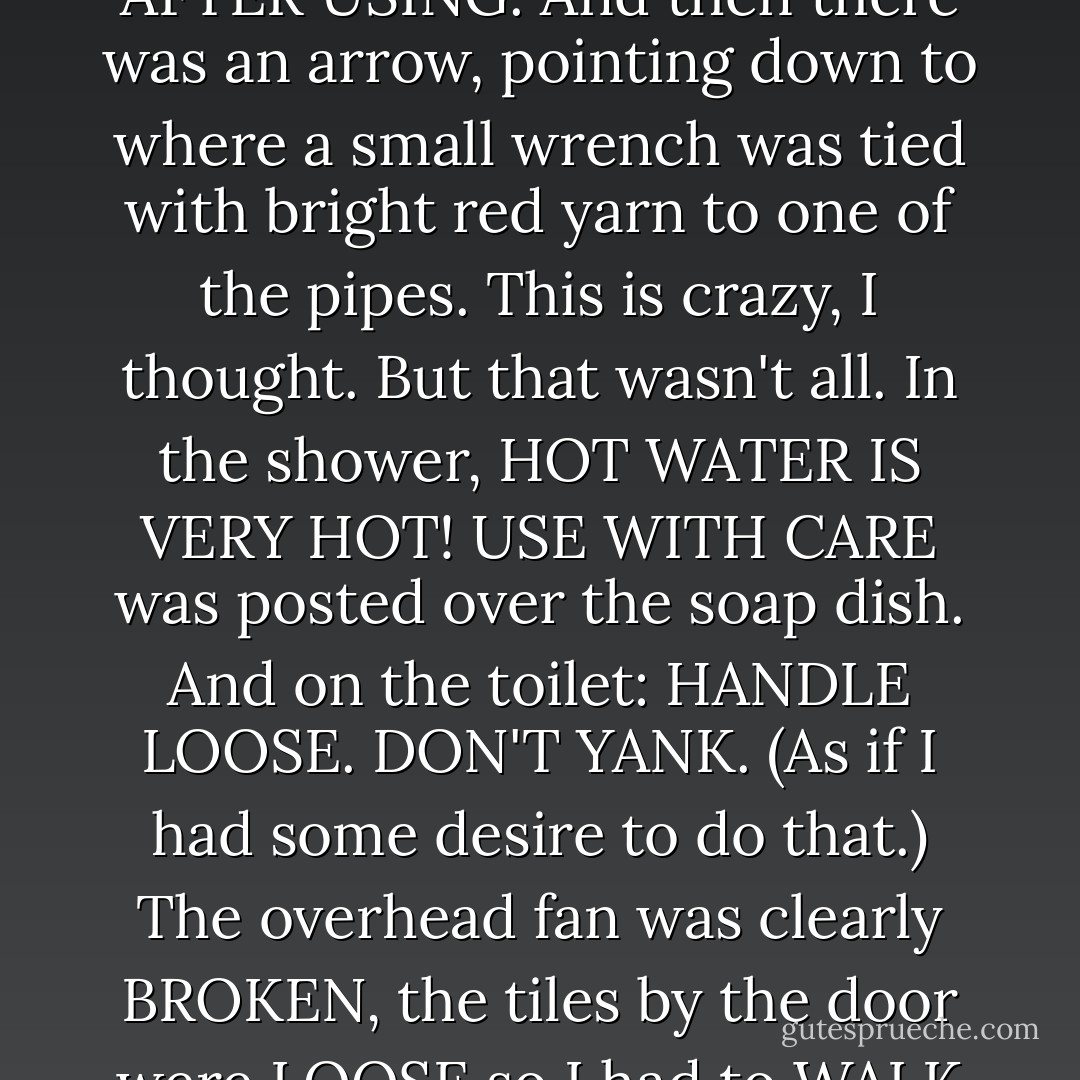 The next morning, when I went in to the bathroom to brush my teeth, I noticed the index card over the sink. RIGHT FAUCET DRIPS EASILY, it said. TIGHTEN WITH WRENCH AFTER USING. And then there was an arrow, pointing down to where a small wrench was tied with bright red yarn to one of the pipes.<br />This is crazy, I thought.<br />But that wasn't all. In the shower, HOT WATER IS VERY HOT! USE WITH CARE was posted over the soap dish. And on the toilet: HANDLE LOOSE. DON'T YANK. (As if I had some desire to do that.) The overhead fan was clearly BROKEN, the tiles by the door were LOOSE so I had to WALK CAREFULLY. And I was informed, cryptically, that the light over the medicine cabinet works, BUT ONLY SOMETIMES. - Sarah Dessen