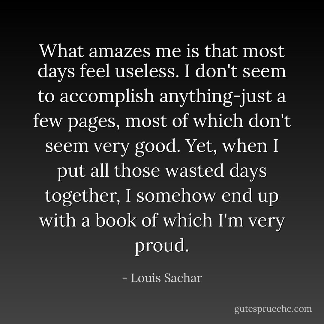 What amazes me is that most days feel useless. I don't seem to accomplish anything-just a few pages, most of which don't seem very good. Yet, when I put all those wasted days together, I somehow end up with a book of which I'm very proud. - Louis Sachar
