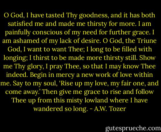 O God, I have tasted Thy goodness, and it has both satisfied me and made me thirsty for more. I am painfully conscious of my need for further grace. I am ashamed of my lack of desire. O God, the Triune God, I want to want Thee; I long to be filled with longing; I thirst to be made more thirsty still. Show me Thy glory, I pray Thee, so that I may know Thee indeed. Begin in mercy a new work of love within me. Say to my soul, ‘Rise up my love, my fair one, and come away.’ Then give me grace to rise and follow Thee up from this misty lowland where I have wandered so long. - A.W. Tozer