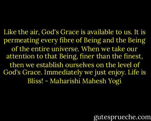 Like the air, God's Grace is available to us. It is permeating every fibre of Being and the Being of the entire universe. When we take our attention to that Being, finer than the finest, then we establish ourselves on the level of God's Grace. Immediately we just enjoy. Life is Bliss! - Maharishi Mahesh Yogi