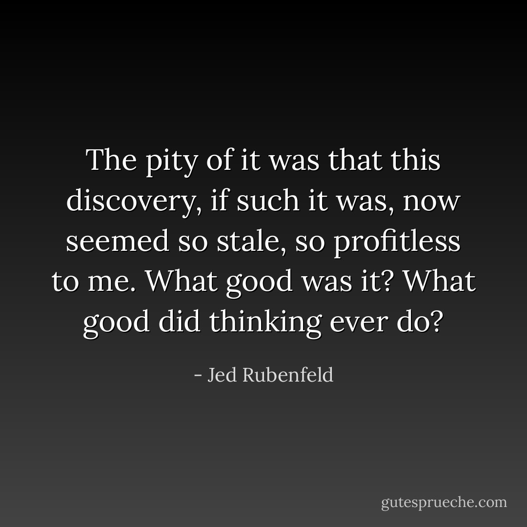 The pity of it was that this discovery, if such it was, now seemed so stale, so profitless to me. What good was it? What good did thinking ever do? - Jed Rubenfeld