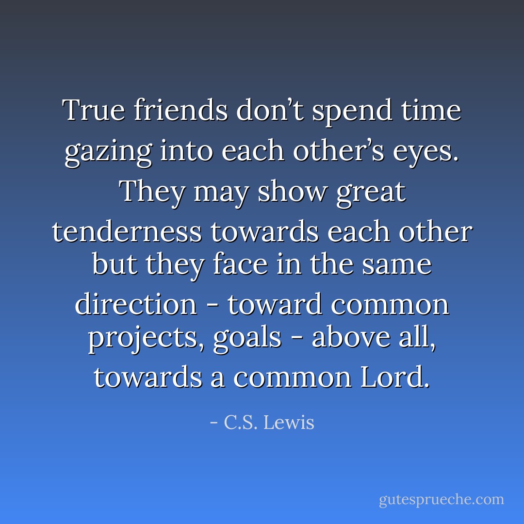 True friends don’t spend time gazing into each other’s eyes. They may show great tenderness towards each other but they face in the same direction - toward common projects, goals - above all, towards a common Lord. - C.S. Lewis