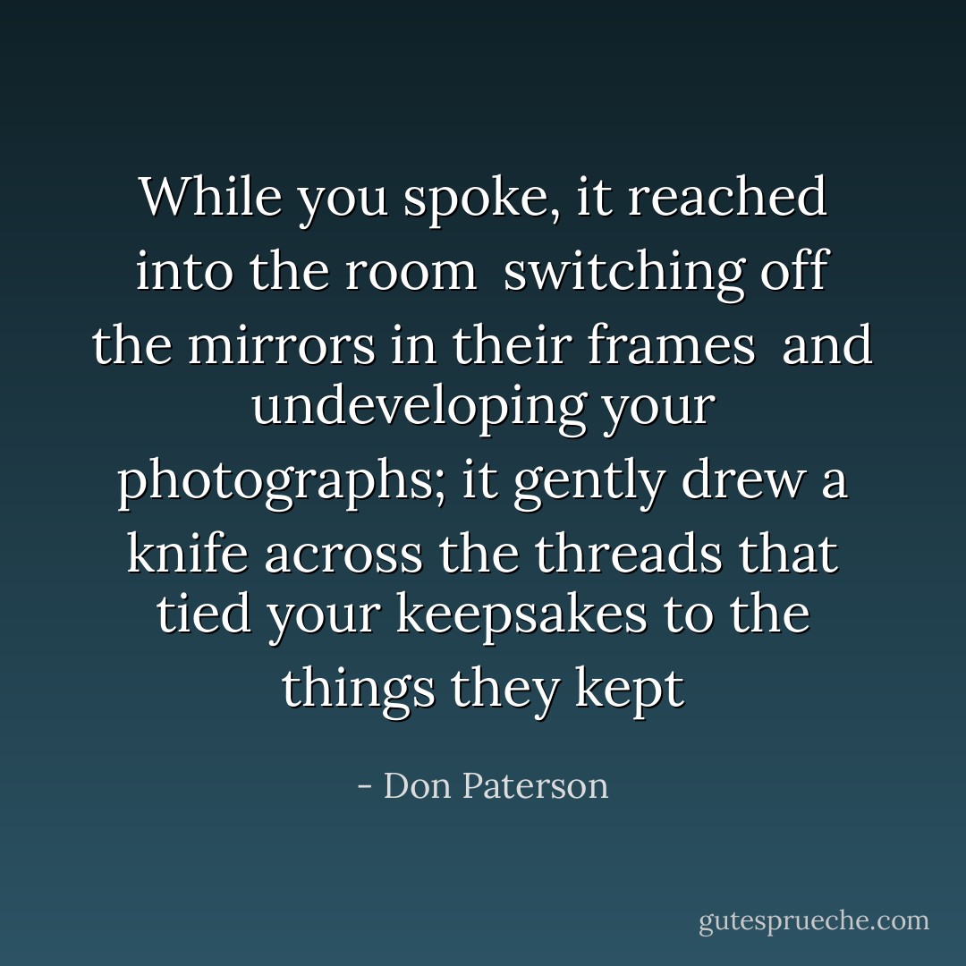 While you spoke, it reached into the room <br />switching off the mirrors in their frames <br />and undeveloping your photographs;<br />it gently drew a knife across the threads<br />that tied your keepsakes to the things they kept - Don Paterson