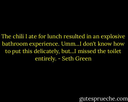 The chili I ate for lunch resulted in an explosive bathroom experience. Umm...I don't know how to put this delicately, but...I missed the toilet entirely. - Seth Green