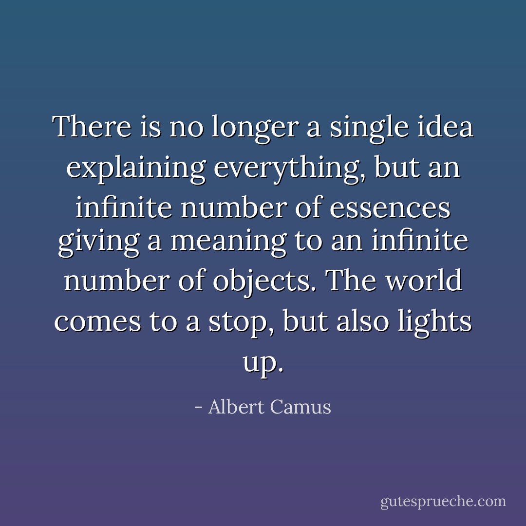 There is no longer a single idea explaining everything, but an infinite number of essences giving a meaning to an infinite number of objects. The world comes to a stop, but also lights up. - Albert Camus