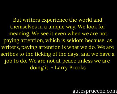 But writers experience the world and themselves in a unique way. We look for meaning. We see it even when we are not paying attention, which is seldom because, as writers, paying attention is what we do. We are scribes to the ticking of the days, and we have a job to do. We are not at peace unless we are doing it. - Larry Brooks