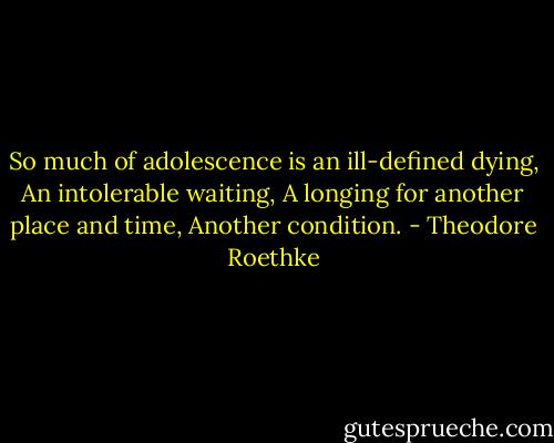 So much of adolescence is an ill-defined dying,<br />An intolerable waiting,<br />A longing for another place and time,<br />Another condition. - Theodore Roethke