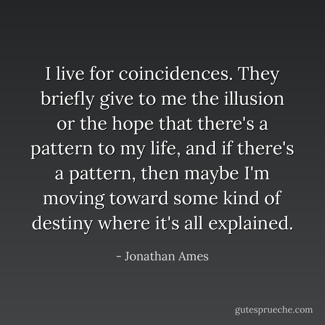 I live for coincidences. They briefly give to me the illusion or the hope that there's a pattern to my life, and if there's a pattern, then maybe I'm moving toward some kind of destiny where it's all explained. - Jonathan Ames