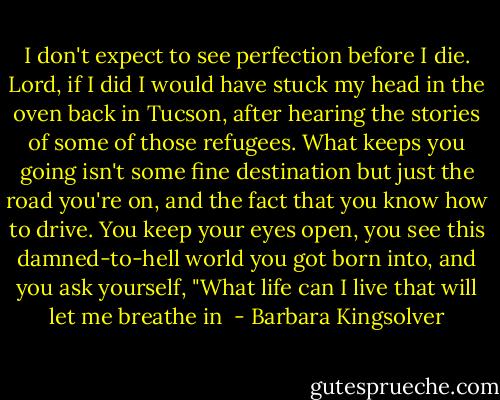 I don't expect to see perfection before I die. Lord, if I did I would have stuck my head in the oven back in Tucson, after hearing the stories of some of those refugees. What keeps you going isn't some fine destination but just the road you're on, and the fact that you know how to drive. You keep your eyes open, you see this damned-to-hell world you got born into, and you ask yourself, "What life can I live that will let me breathe in  - Barbara Kingsolver