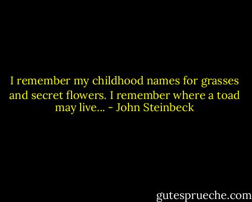 I remember my childhood names for grasses and secret flowers. I remember where a toad may live... - John Steinbeck