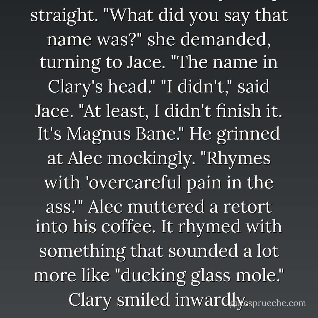Wait." Isabelle suddenly sat up straight. "What did you say that name was?" she demanded, turning to Jace. "The name in Clary's head."<br />"I didn't," said Jace. "At least, I didn't finish it. It's Magnus Bane." He grinned at Alec mockingly. "Rhymes with 'overcareful pain in the ass.'"<br />Alec muttered a retort into his coffee. It rhymed with something that sounded a lot more like "ducking glass mole." Clary smiled inwardly. - Cassandra Clare