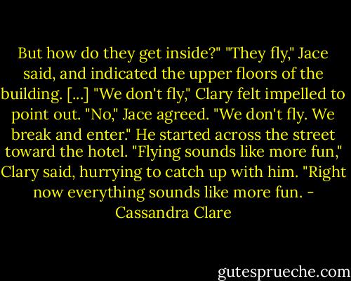 But how do they get inside?"<br />"They fly," Jace said, and indicated the upper floors of the building.<br />[...]<br />"We don't fly," Clary felt impelled to point out.<br />"No," Jace agreed. "We don't fly. We break and enter." He started across the street toward the hotel.<br />"Flying sounds like more fun," Clary said, hurrying to catch up with him.<br />"Right now everything sounds like more fun. - Cassandra Clare