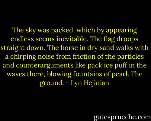 The sky was packed<br /><br />which by appearing endless seems inevitable.<br />The flag droops straight down. The horse<br />in dry sand walks with a chirping noise<br />from friction of the particles<br />and counterarguments like pack ice<br />puff in the waves there, blowing fountains<br />of pearl. The ground. - Lyn Hejinian