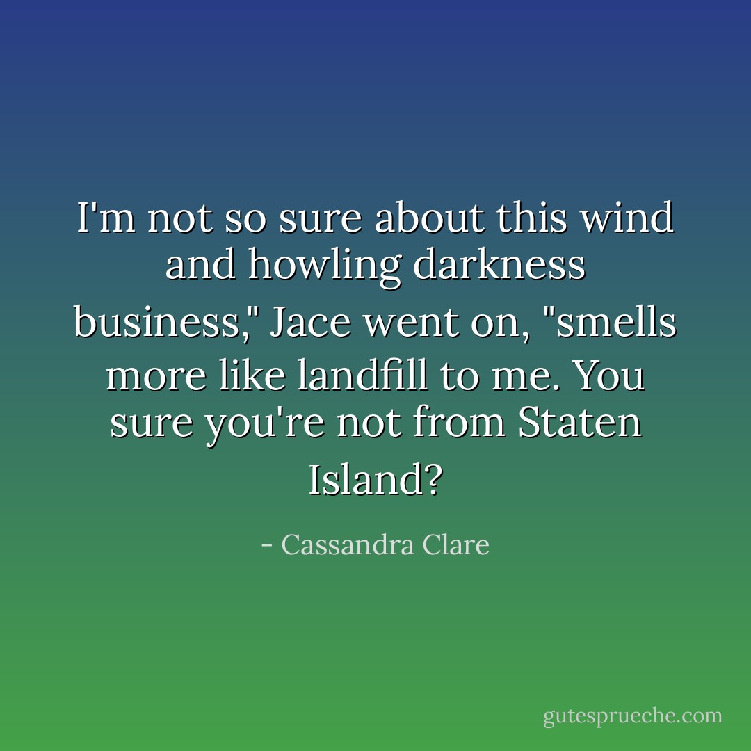 I'm not so sure about this wind and howling darkness business," Jace went on, "smells more like landfill to me. You sure you're not from Staten Island? - Cassandra Clare