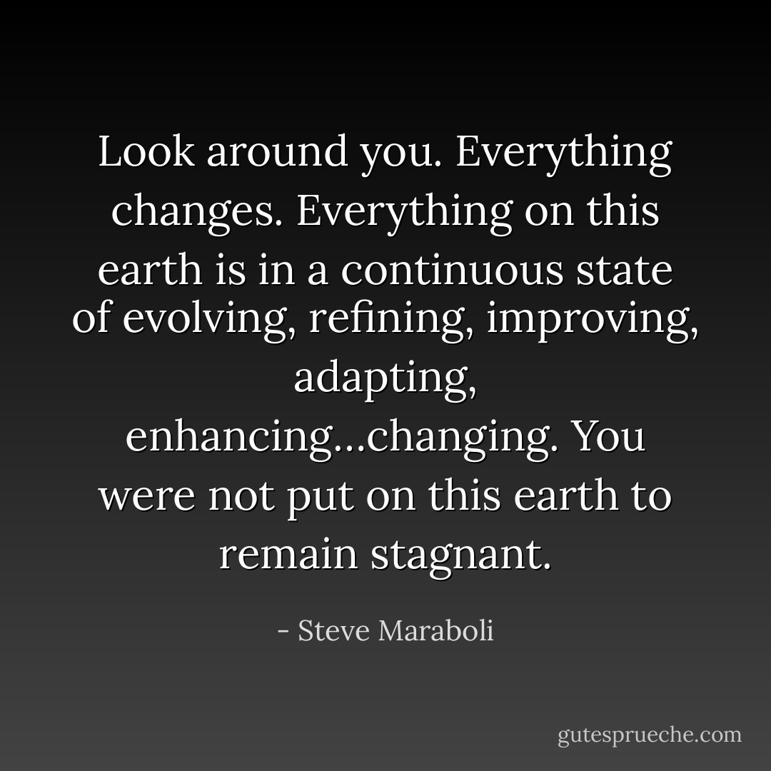 Look around you. Everything changes. Everything on this earth is in a continuous state of evolving, refining, improving, adapting, enhancing…changing. You were not put on this earth to remain stagnant. - Steve Maraboli