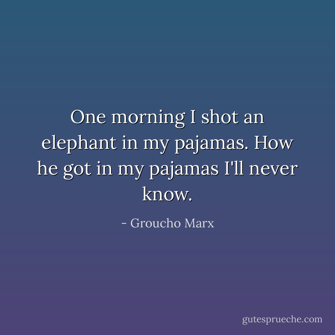 One morning I shot an elephant in my pajamas. How he got in my pajamas I'll never know. - Groucho Marx
