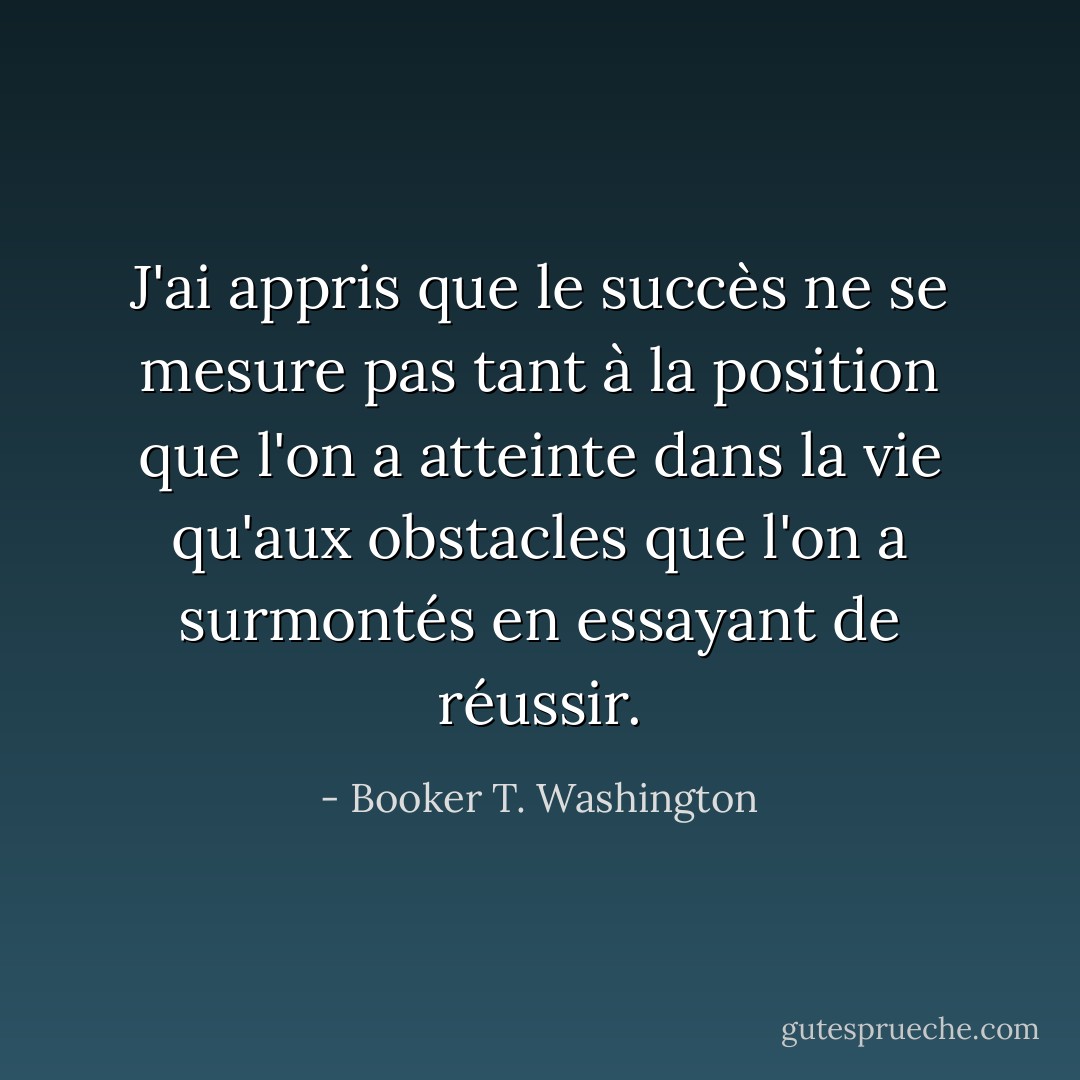 J'ai appris que le succès ne se mesure pas tant à la position que l'on a atteinte dans la vie qu'aux obstacles que l'on a surmontés en essayant de réussir. - Booker T. Washington