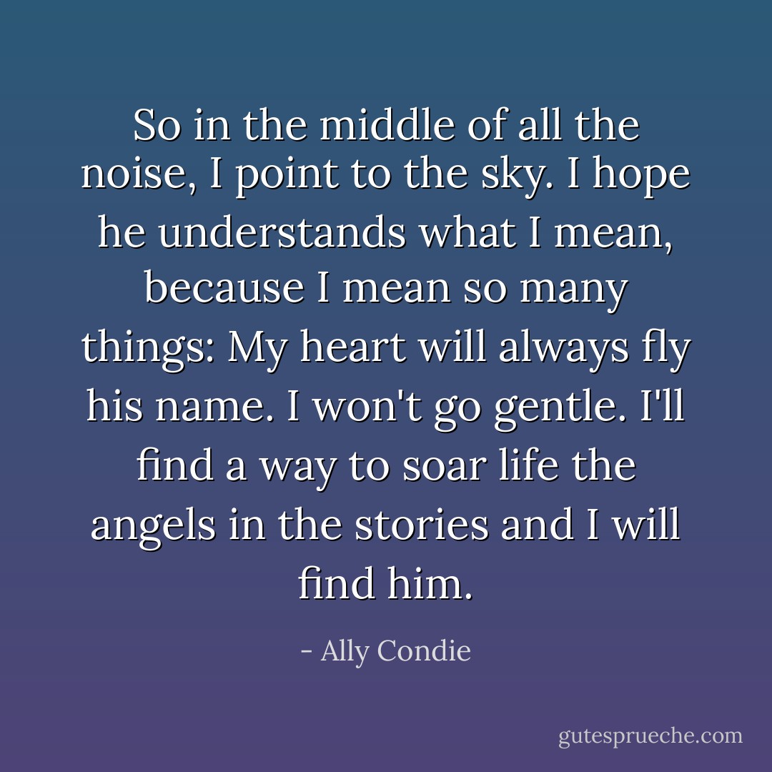 So in the middle of all the noise, I point to the sky. I hope he understands what I mean, because I mean so many things: My heart will always fly his name. I won't go gentle. I'll find a way to soar life the angels in the stories and I will find him. - Ally Condie