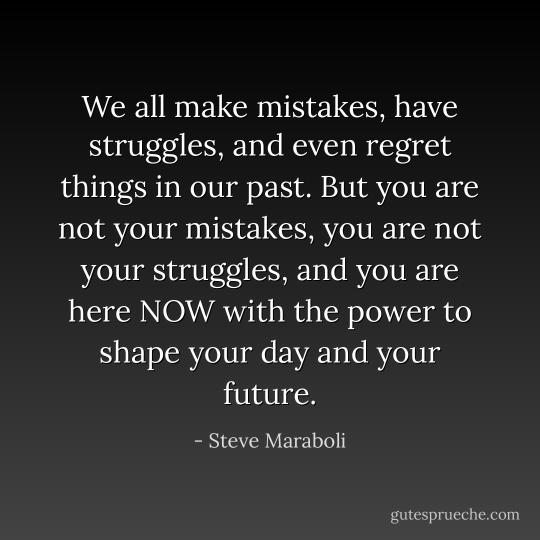 We all make mistakes, have struggles, and even regret things in our past. But you are not your mistakes, you are not your struggles, and you are here NOW with the power to shape your day and your future. - Steve Maraboli