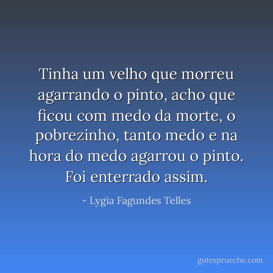 Tinha um velho que morreu agarrando o pinto, acho que ficou com medo da morte, o pobrezinho, tanto medo e na hora do medo agarrou o pinto. Foi enterrado assim. - Lygia Fagundes Telles