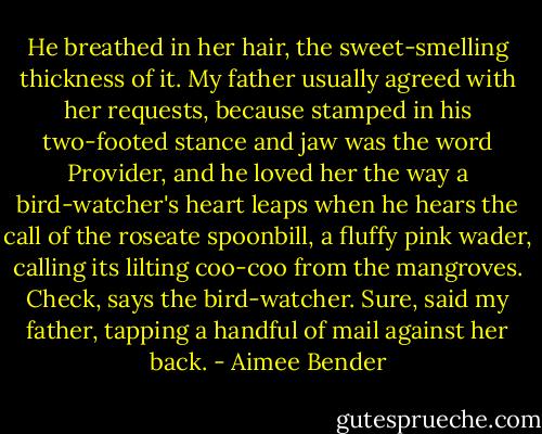 He breathed in her hair, the sweet-smelling thickness of it. My father usually agreed with her requests, because stamped in his two-footed stance and jaw was the word Provider, and he loved her the way a bird-watcher's heart leaps when he hears the call of the roseate spoonbill, a fluffy pink wader, calling its lilting coo-coo from the mangroves. Check, says the bird-watcher. Sure, said my father, tapping a handful of mail against her back. - Aimee Bender