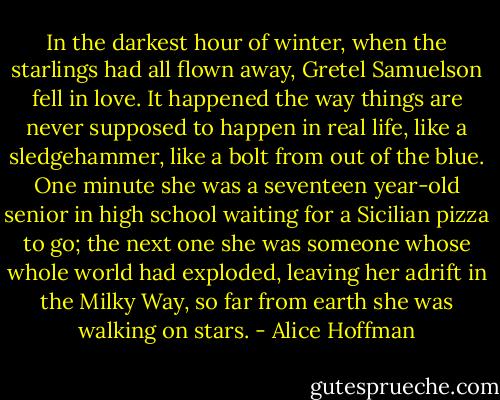 In the darkest hour of winter, when the starlings had all flown away, Gretel Samuelson fell in love. It happened the way things are never supposed to happen in real life, like a sledgehammer, like a bolt from out of the blue. One minute she was a seventeen year-old senior in high school waiting for a Sicilian pizza to go; the next one she was someone whose whole world had exploded, leaving her adrift in the Milky Way, so far from earth she was walking on stars. - Alice Hoffman