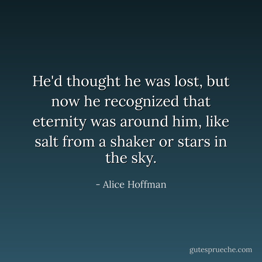 He'd thought he was lost, but now he recognized that eternity was around him, like salt from a shaker or stars in the sky. - Alice Hoffman