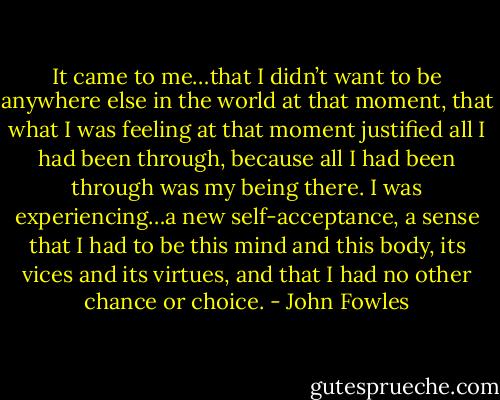 It came to me…that I didn’t want to be anywhere else in the world at that moment, that what I was feeling at that moment justified all I had been through, because all I had been through was my being there. I was experiencing…a new self-acceptance, a sense that I had to be this mind and this body, its vices and its virtues, and that I had no other chance or choice. - John Fowles